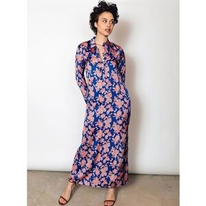 NWT CHLOE KRISTYN Floral Satin Long Sleeve Collared Henley Maxi Shirt Dress M